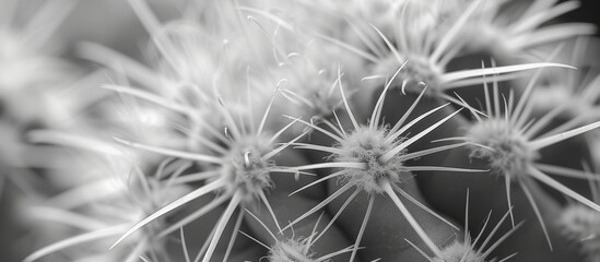 A monochrome photograph capturing the beauty of a flowering cactus with numerous thorns, adding a unique touch to any flowerpot or houseplant collection