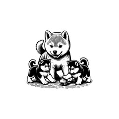 shiba inu Dog playing with puppy hand drawn art style Vector illustration