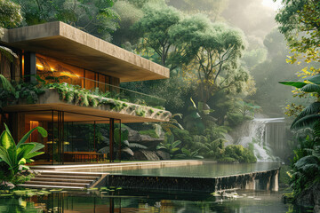 The house overlooks a ravine filled and junglelike foliage. Generative AI.