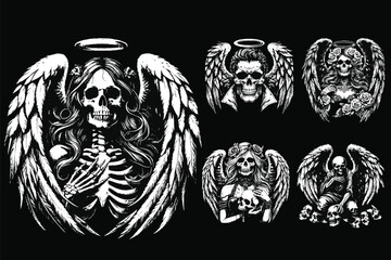 Set Dark Art Skull Angel Face with Wings Horror Grunge Vintage Tattoo illustration black white - obrazy, fototapety, plakaty