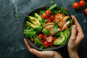 Woman's hands holding a bowl with salad with tomatoes, chicken, avocado, green leaves, top view of only hands with space for text or inscriptions, healthy eating theme.isolated.generative ai