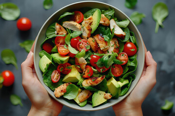 Woman's hands holding a bowl with salad with tomatoes, chicken, avocado, green leaves, top view of only hands with space for text or inscriptions, healthy eating theme.isolated.generative ai