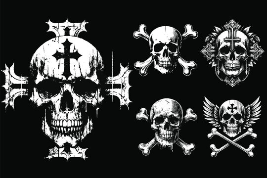 Set Dark Art Skull Head With Cross Sign Bone Tattoo Grunge Vintage horror illustration black white