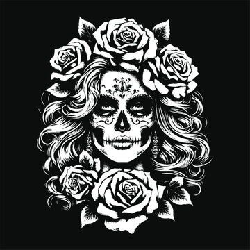 Dark Art Skull Girl with Long Hair Rose Woman Grunge Vintage Tattoo illustration black white