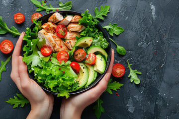 Woman's hands holding a bowl with salad with tomatoes, chicken, avocado, green leaves, top view of only hands with space for text or inscriptions, healthy eating theme.isolated.generative ai