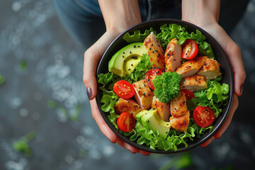 Woman's hands holding a bowl with salad with tomatoes, chicken, avocado, green leaves, top view of only hands with space for text or inscriptions, healthy eating theme.isolated.generative ai