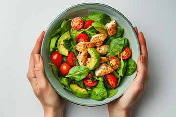 Woman's hands holding a bowl with salad with tomatoes, chicken, avocado, green leaves, top view of only hands with space for text or inscriptions, healthy eating theme.isolated.generative ai