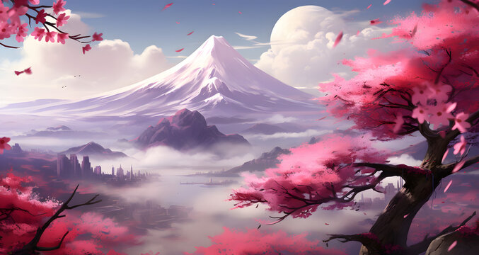 a large snowy mountain in the distance with a pink tree
