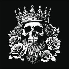 Fototapeta premium Dark Art Skull King Crown Throne with Roses Vintage Grunge Tattoo illustration black white