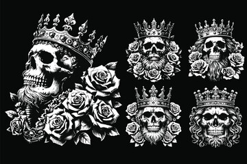 Set Dark Art Skull King Crown Throne with Roses Vintage Grunge Tattoo illustration black white