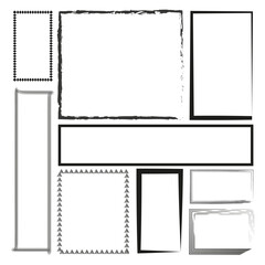 Diverse rectangular frames. Borders featuring clean geometric shapes. Rectangular frames to grunge brush strokes. Vector illustration. EPS 10.