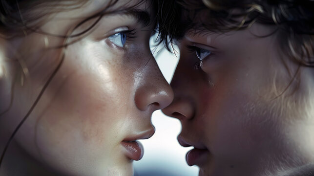 Close-up Profile Of A Young Couple On The Verge Of A Kiss, Showcasing Tender Eye Contact And Intimacy