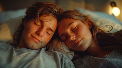 Young adult couple sleeping peacefully on the bed in bedroom. Young man embracing woman while lying asleep in bed - Powered by Adobe