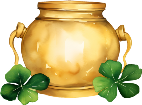 Watercolor leprechaun gold pot and shamrock clover clipart illustration for St. Patrick's Day Irish holiday concept