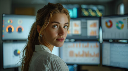 a female data analyst is looking at a bunch of data visualization and various graphs on three computer screens. Women analyze financial markets on computer screen looking in camera