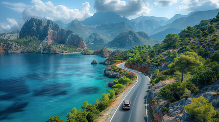 road in the mountains, a car with a scenic route alongside the ocean, a road trip in Europe at summer, view of the sea from the mountain - obrazy, fototapety, plakaty