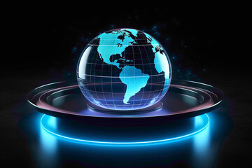 A futuristic 3D-rendered holographic globe hovering above a sleek black table, symbolizing connectivity and global perspective