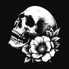 Dark Art Skull Roses Flower Death Horror Grunge Vintage Tattoo illustration Black White