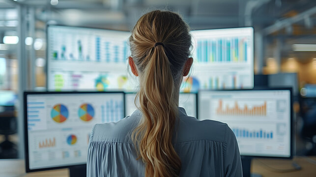 rear view of a female data analyst is looking at a bunch of data visualization and various graphs on three computer screens. Women analyze financial markets on computer screen looking serieous