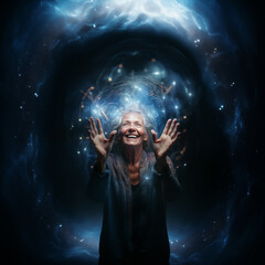 Old woman in awe, hands raised towards a cosmic energy aura against a dark background