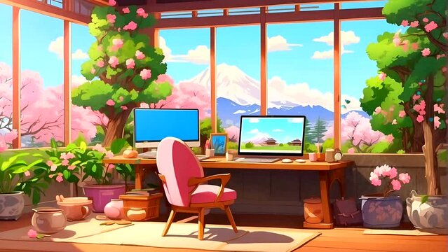 tranquil traditional Japanese house amidst the cherry blossom. Seamless looping 4k time-lapse video animation background