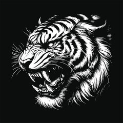 Dark Art Tiger Beast Animal King Predator Mascot Scary Grunge Vintage Tattoo illustration Black White