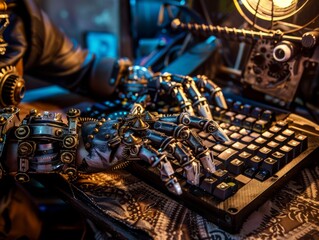 Hacker with mechanical hands types on a steampunk keyboard gears turn as code encrypts secrets