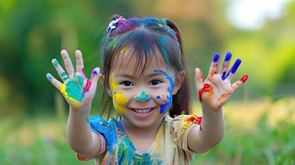 Little girl's hand-painted pigments, colorful, beautiful, and smiling.