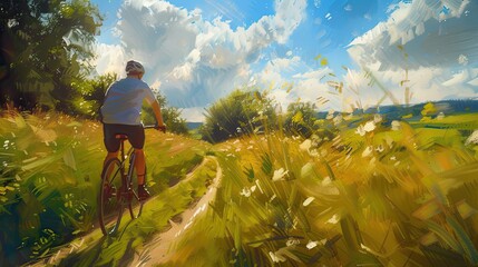 man riding bicycle downhill Summer meadow, digital art style Illustration drawing beautiful oil paint