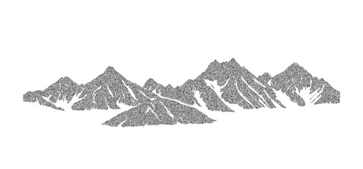 Stippled grunge mountain range illustration. Dotted landscape terrain silhouette. Black and white grainy hill chain. Grain noise mount peaks background. Ridge texture wallpaper. Dot work style vector