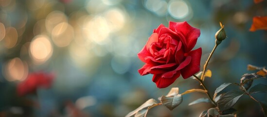 A close up of a red rose, a flowering plant in the rose family, with a blurry background. The garden rose, a hybrid tea rose, is the focal point of the event - obrazy, fototapety, plakaty