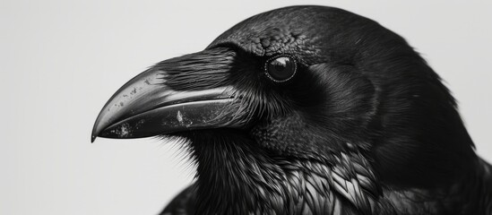 A monochromatic image of a New Caledonian crow, a member of the Accipitriformes order, with a sharp beak resembling that of a bird of prey like an eagle or falcon - obrazy, fototapety, plakaty