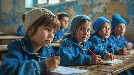 Primary school children in blue uniform in the classroom writing in their books