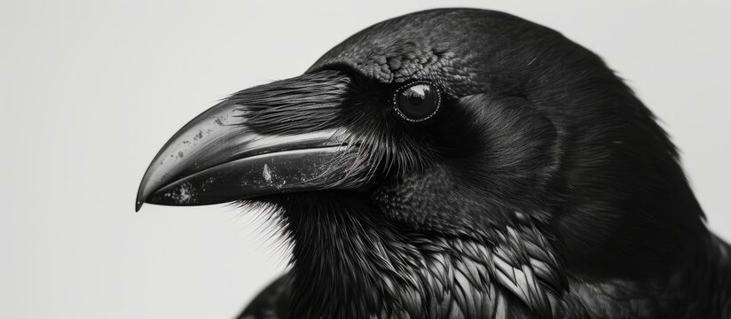 A monochromatic image of a New Caledonian crow, a member of the Accipitriformes order, with a sharp beak resembling that of a bird of prey like an eagle or falcon