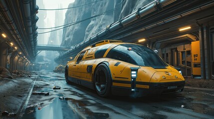Futuristic cyberpunk yellow flying taxi. Created with Generative AI.