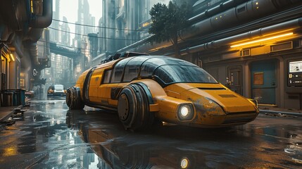 Futuristic cyberpunk yellow flying taxi. Created with Generative AI. - obrazy, fototapety, plakaty
