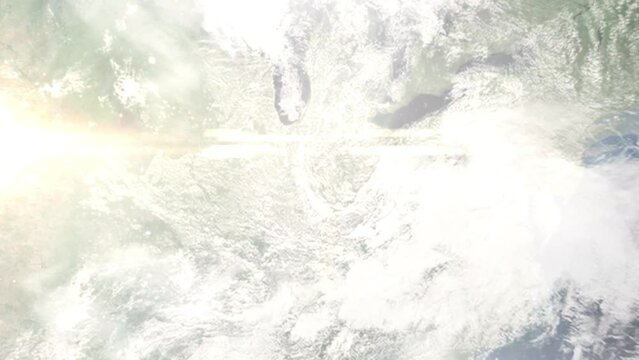 Earth zoom in from space and focus on Greenfield, Indiana, USA. 3D Animation. Satellite view. Background for travel intro. Images from NASA