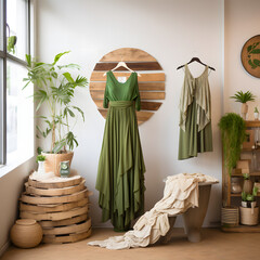 Stylish and Organized Living Space with Hanging Dresses and Shelves