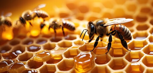 a group of bees are working on a honeycomb . High quality