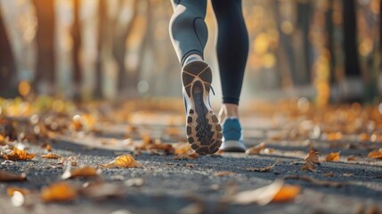 Closeup of legs of a female runner jogging in a park on an autumn afternoon. Generative AI.
