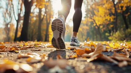 Closeup of legs of a female runner jogging in a park on an autumn afternoon. Generative AI. - obrazy, fototapety, plakaty