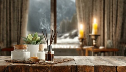 still life with a cup of tea wallpaper Stylish table with cotton flowers and aroma candles near light wall. - obrazy, fototapety, plakaty
