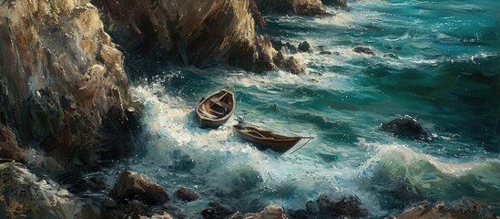 A painting depicting two boats gracefully navigating the waves in a body of water along a rugged...