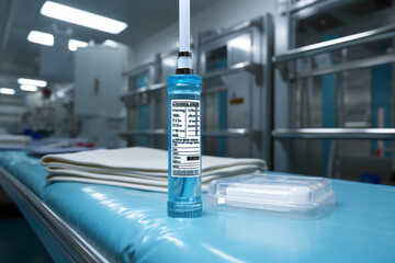 A standard disposable syringe on a medical examination table - Powered by Adobe