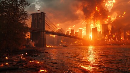 The End of the World Apocalyptic, destroyed new york, epic scene. Created with Generative AI.