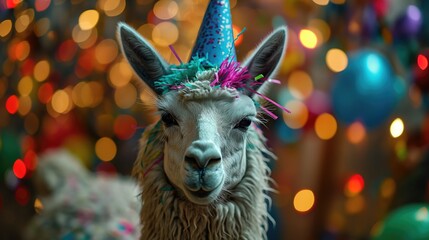 Naklejka premium Funny white alpaca at a party, happy anniversary concept, animal at party. Created with generative AI.