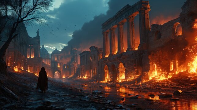 The End of the World Apocalyptic, destroyed Rome, epic scene. Created with Generative AI.