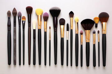 A top-down view of an organized makeup brush set, displaying the variety of brushes and their sleek, professional design.