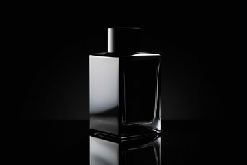A transparent bottle of lotion casting a subtle shadow on a matte black backdrop. The clarity of the container and the richness of the product create a visually striking composition.