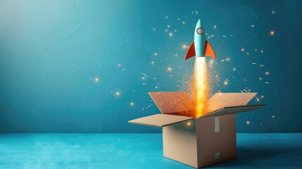 Rocket rounded taking off from cardboard box on blue background